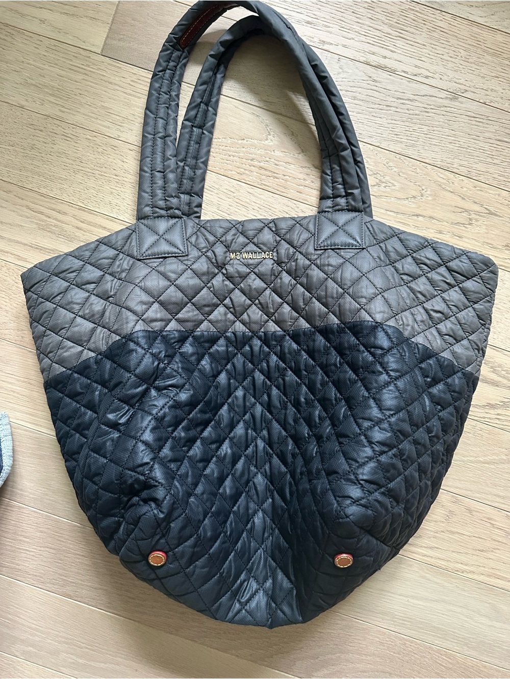 MZ Wallace Quilted Two-Tone Gray and Black Tote with Gold Logo